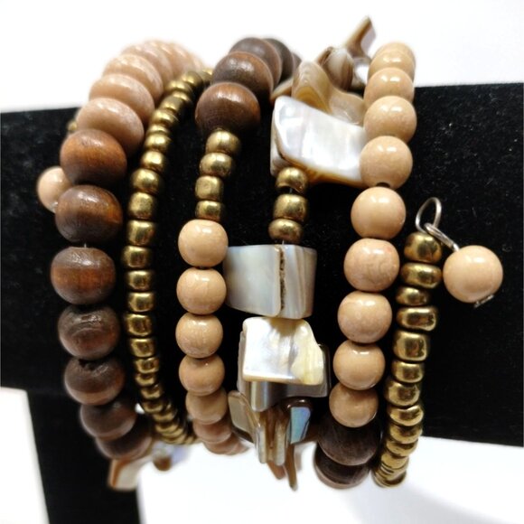 Boho Memory Wire Bracelet Wood Copper Color beads Natural Baroque Abalone - Picture 4 of 7